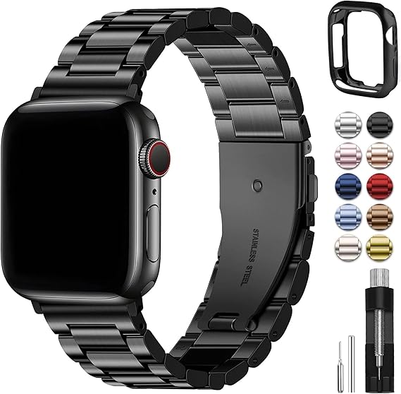 Fullmosa Compatible Apple Watch Bands 41mm 40mm 38mm 46mm 49mm 45mm 44mm 42mm, Metal iWatch Band with Case for Apple Watch Series 9 8 7 6 5 4 3 2 1 SE 10 Ultra, 38mm 40mm 41mm Black