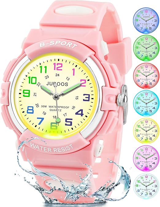 Juboos Kids Watch Analog with 7 Colorful Night Lights Boys Girls Waterproof Soft Strap Kids Time Teaching Quartz Wristwatch for Ages 5-18