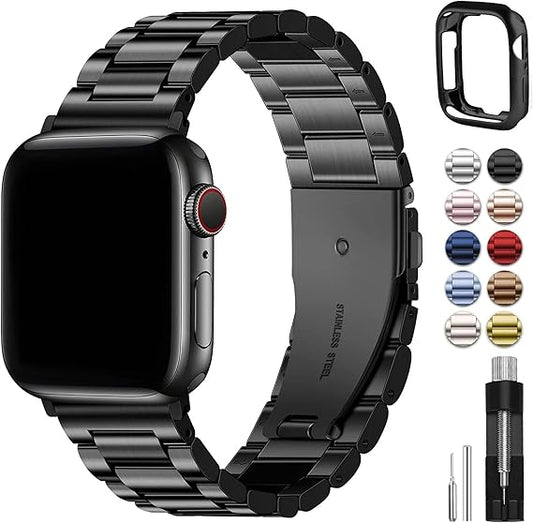 Fullmosa Compatible Apple Watch Bands 41mm 40mm 38mm 46mm 49mm 45mm 44mm 42mm, Metal iWatch Band with Case for Apple Watch Series 9 8 7 6 5 4 3 2 1 SE 10 Ultra, 38mm 40mm 41mm Black