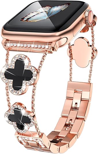 Diamond Metal Bands Add Sparkle to Your Watch For Apple Watch Series 10/9/8/7/6/5/4/3/2/1SE/Ultra Clover Simple and Stylish Compatible with 38mm40mm41mm42mm44mm45mm 46mm49mm Women's Wear