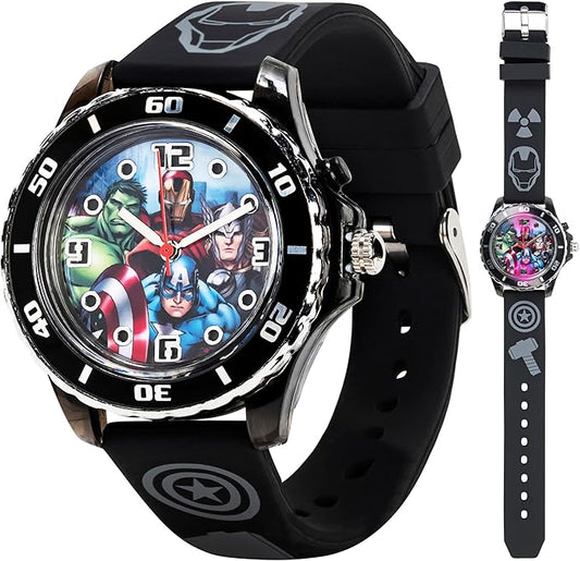 Marvel Avengers Adventure Analog Quartz Kids' Watch with Flashing LED Lights - Superhero Icons Band, Japanese Movement, Black