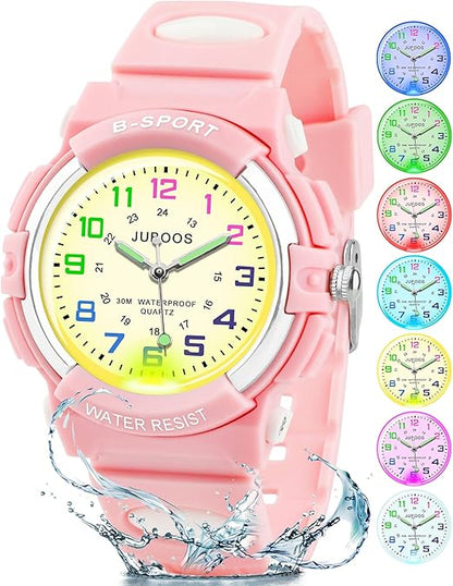 Juboos Kids Watch Analog with 7 Colorful Night Lights Boys Girls Waterproof Soft Strap Kids Time Teaching Quartz Wristwatch for Ages 5-18